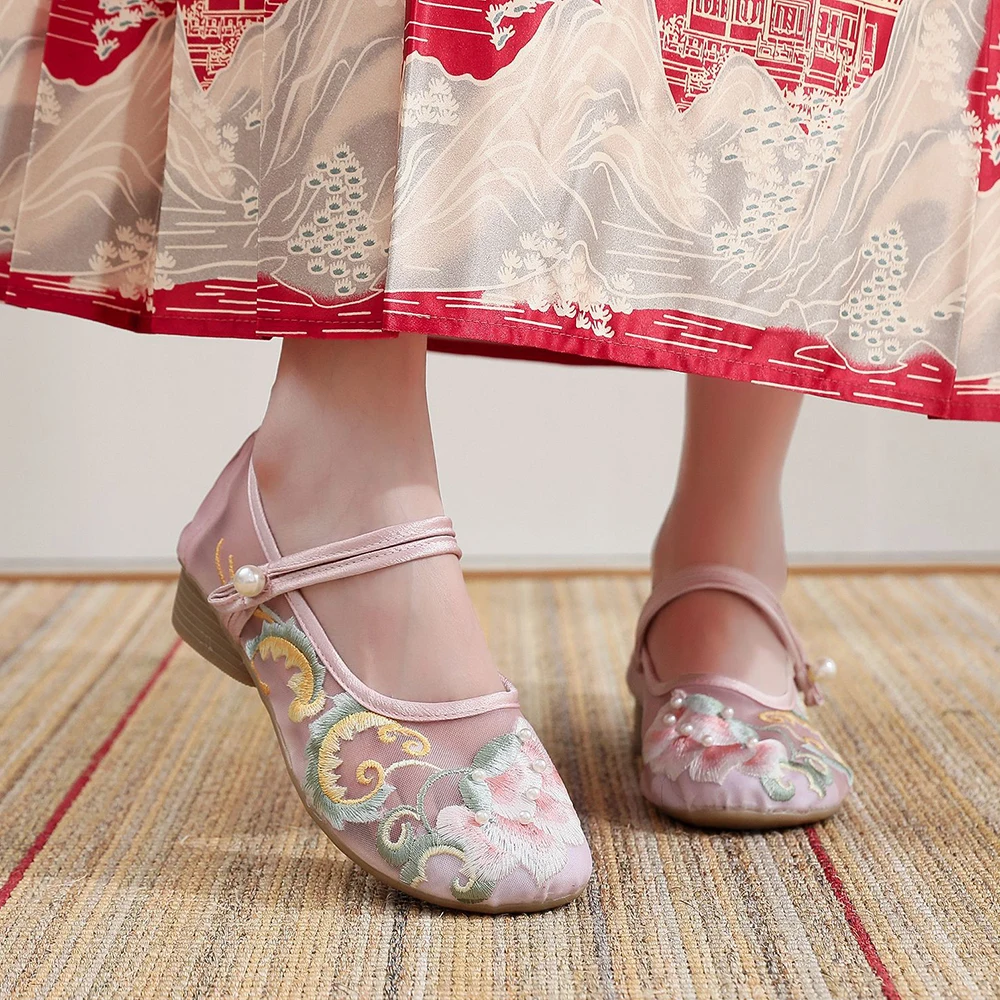 Veowalk 2024 Newly Women Cotton Fabric Embroidered Ballet Flats Retro Ladies Casual Mary Jane Comfortable Walking Shoes Pink Red