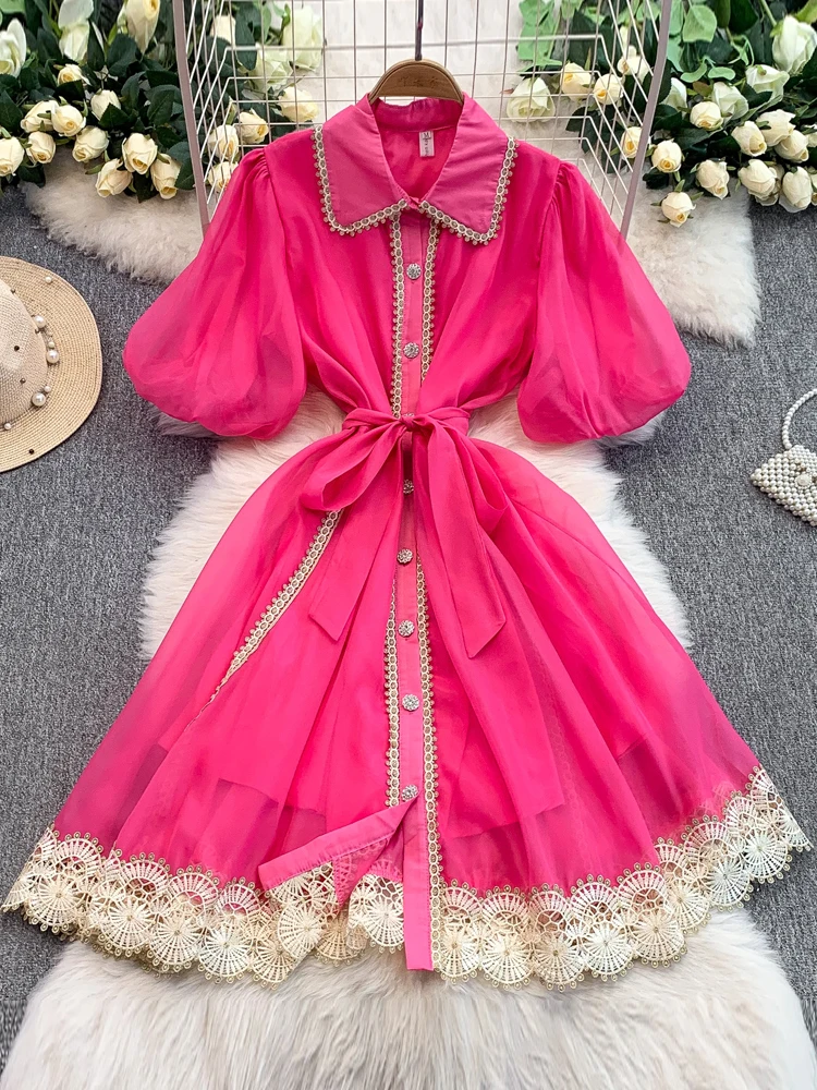 Vintage Women Lace patchwork shirt dress 2025 Summer Luxury Short puff sleeve Mini dresses with sashes Ladies Beach INKEO 5D182