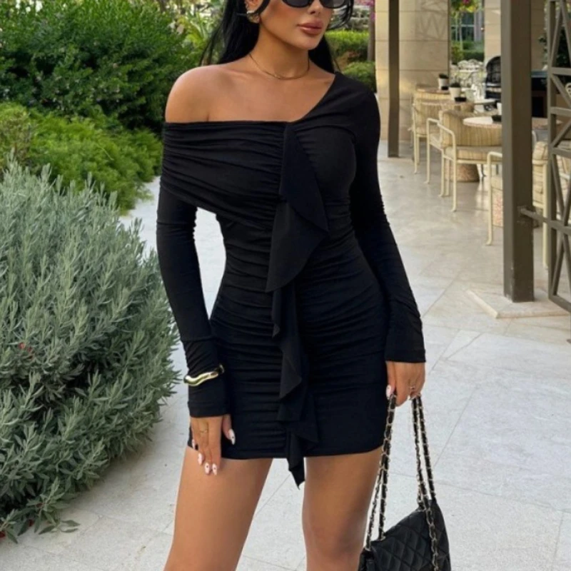 

2024 Autumn Fashion Solid Color Pleated Skew Neck Slim-Fit Wrap Buttock Temperament Small Dress Dress