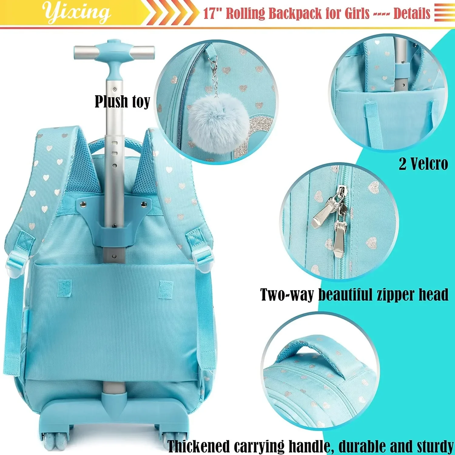 Kinder-Rucksack-Taschen-Set mit Rollen, mit Lunchbox, Rollrucksack, Tasche mit Rollen, Schultrolley-Rucksack-Tasche für Mädchen