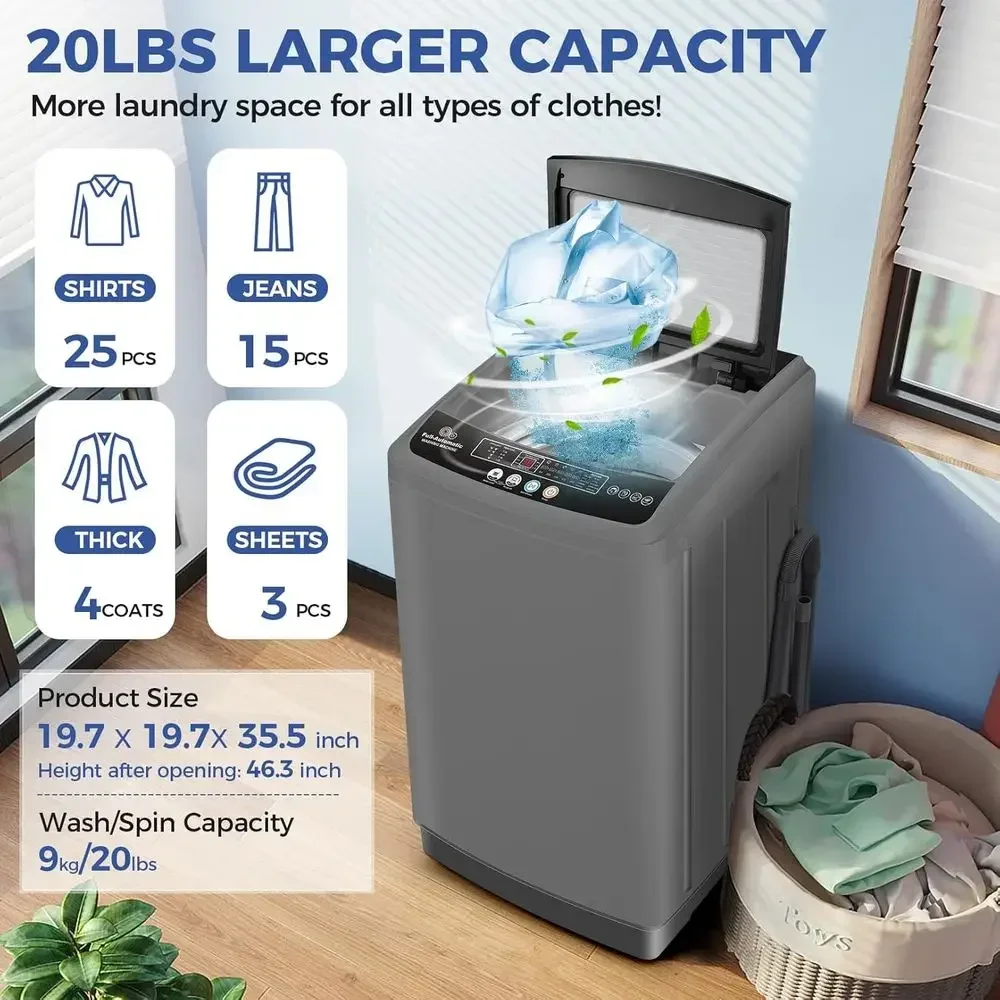 20LB Capacity Portable Washer, 2.8Cu.ft Washer/Dryer Combo, Drain Pump, LED Display, 10 Programs & 8 Water Levels, Slow-Close Gl