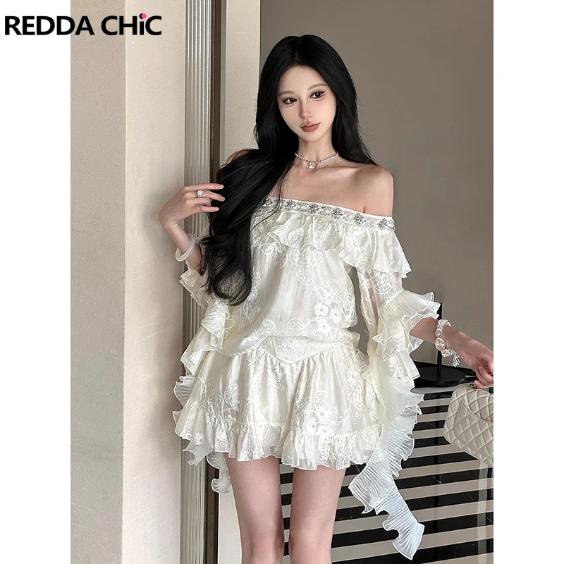 

REDDACHiC Diamond Embellished Top Skirt Women Set Party One Shoulder Shirt Embroidery Ruffle Mini Skirt Beach Summer Clothes