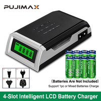 PUJIMAX 4 Slots Smart 1.2V Battery Charger With Charging Cable LCD Display For AA/AAA NiMH NiCd Rechargeable Batteries Adapter