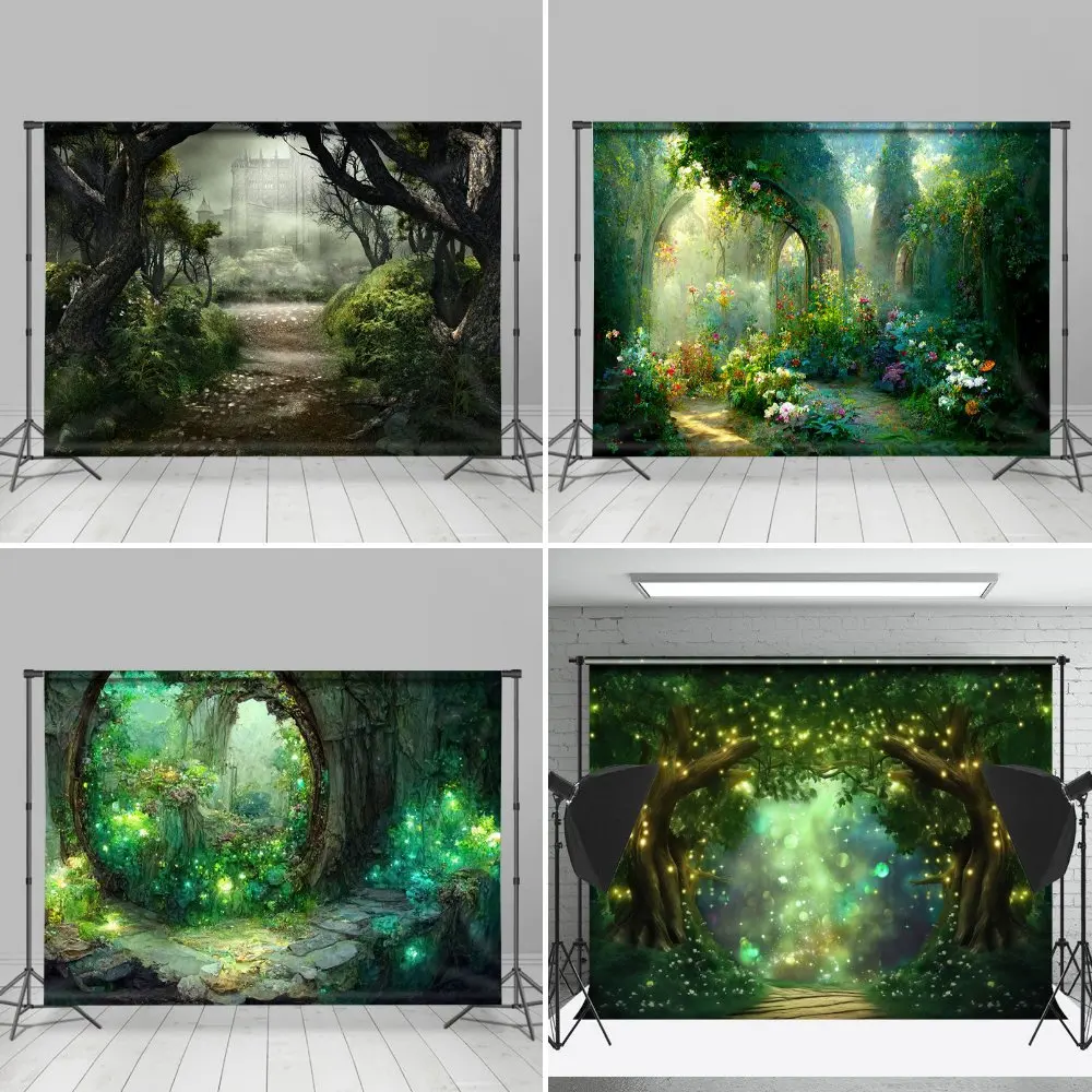 

Блестящий зеленый зачарованный лес, весенний фон для детей, волшебный фон для фотосъемки природы, украшение стены студии