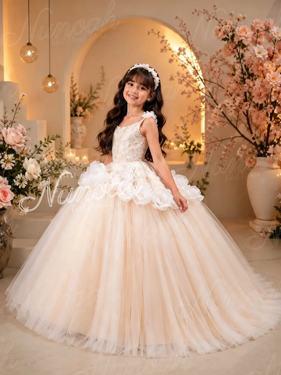 Flower Girl Dresses for Wedding Lace Appliques Sleeveless Girl Birthday Prom Gown for Photoshoot First Communion Customized