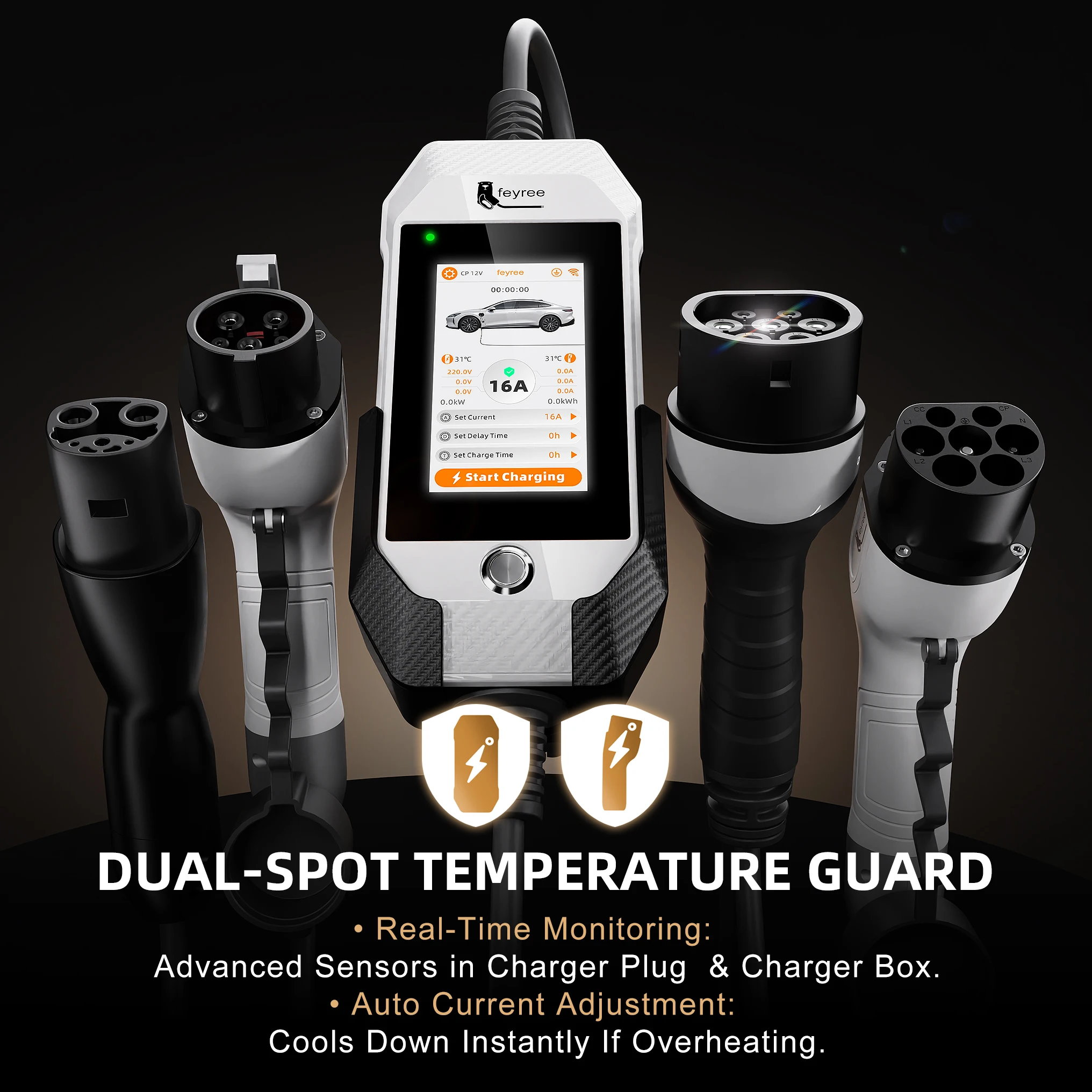 Feyree Portable EV Charger 3.5kW 16A Type 2 | 4.3' Touchscreen, WiFi APP Control, Charge History | 5M Cable for Electric Vehicle