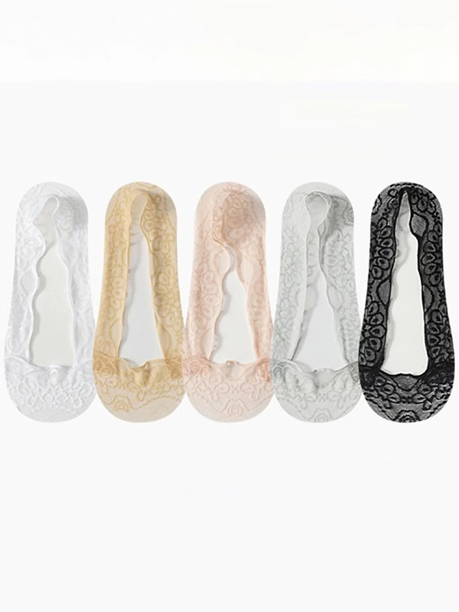 5 Pairs Socks Women\'s Summer Slippers Socks Invisible Boat Mesh Lace Thin Short Fashion Silicone  Non-slip Cool Sexy Breathable