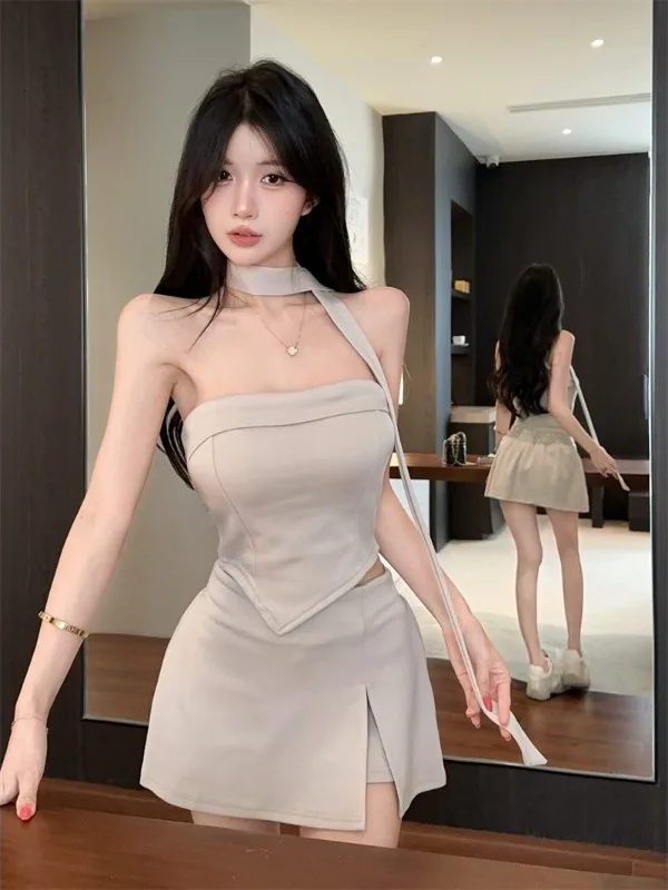 

Pure Desire Spicy Girl Sash Tube Top Vest Top Split Shorts Skirt Two Piece Set with Chest Pad Sleeveless Overhead Summer Wome...