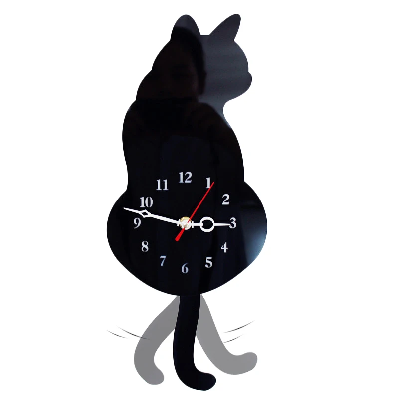 Creative Fashion New Silent White/Black Wagging Tail Cat Wall Clock Household Decorative Clock
