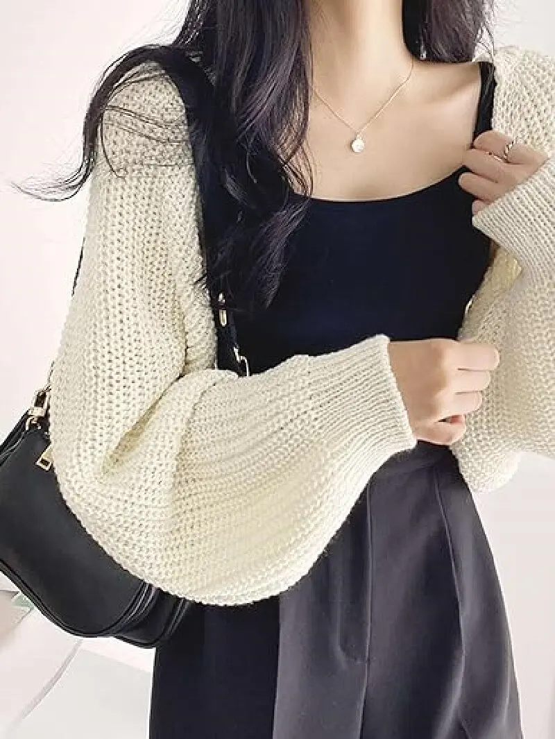 Cropped Solid Knit Sweater  Open Front Long Sleeve Sweater  Women's Clothing