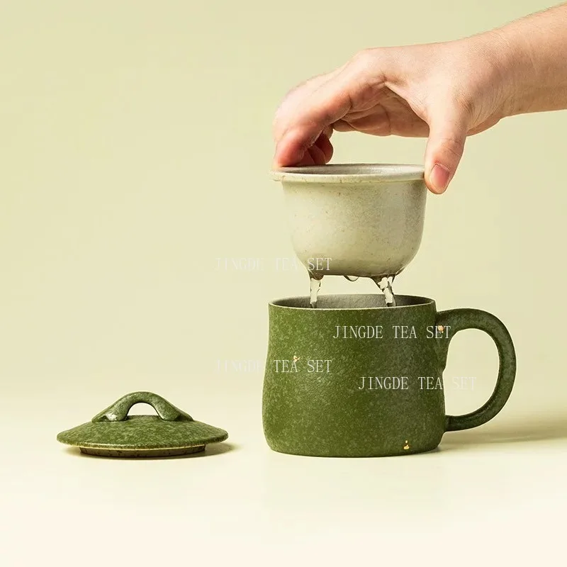 320ml Moss Green Ceramic Tea Mug with Removable Strainer and Lid Textured Glaze Office Cup for Loose Leaf Tea Brewing