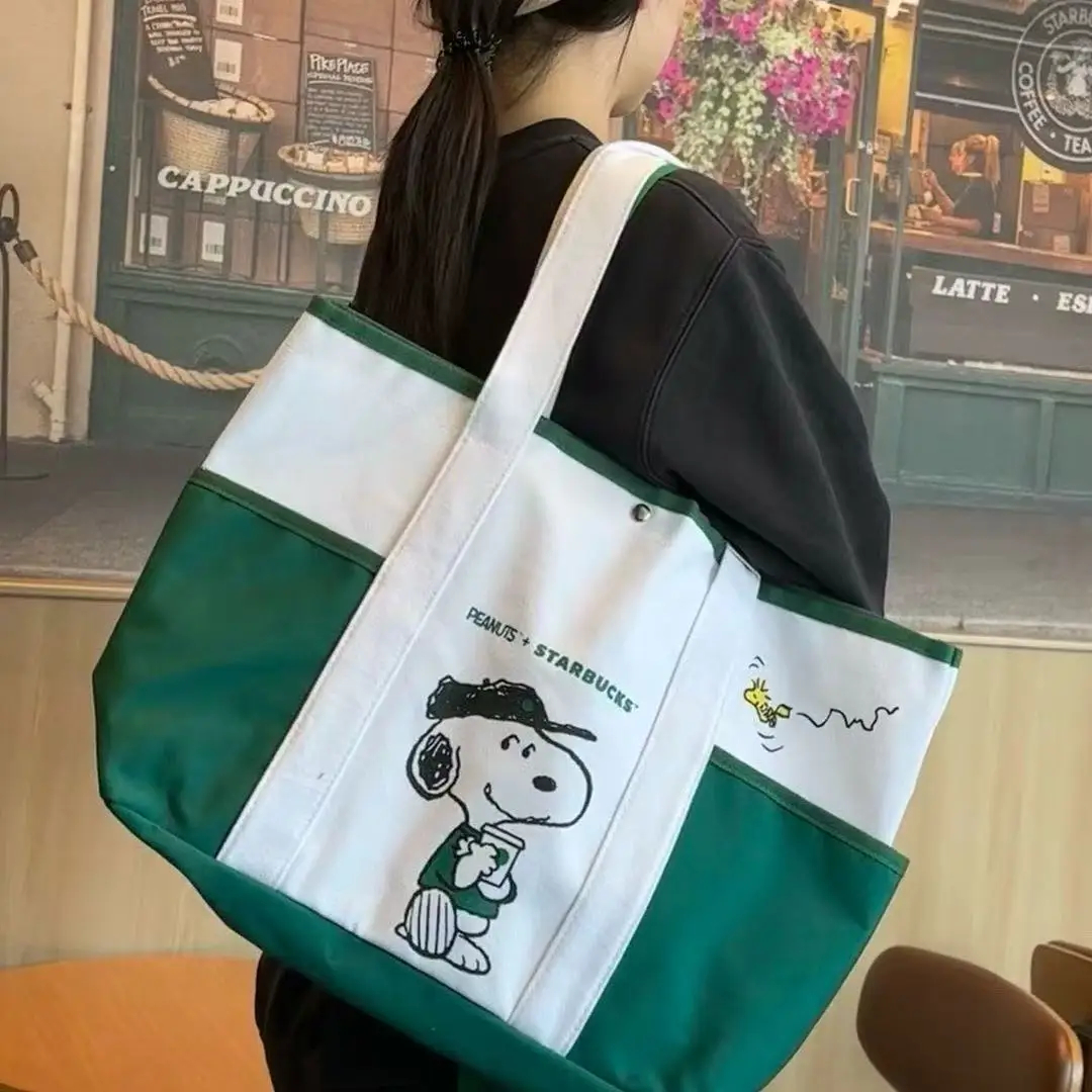 Cute Snoopy Canvas Tote Bag for Women 2026 New Collection Large Capacity Multifunctional Commuter Shoulder Bag Forest Style