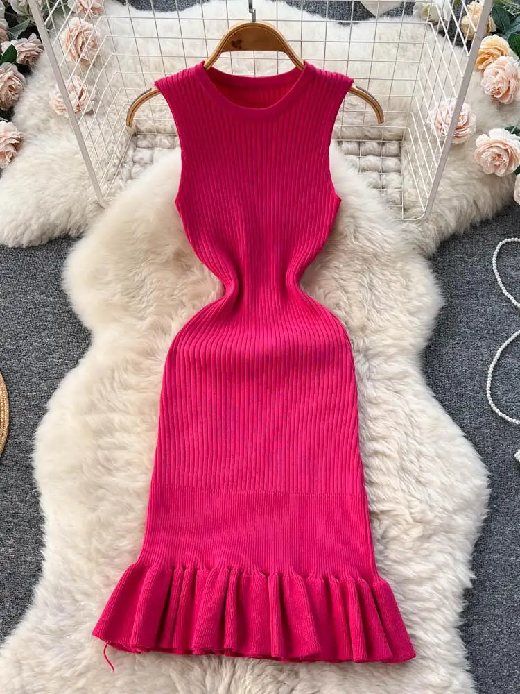 2024 Early Autumn Sexy Package Hips Ruffles Mini Dress Summer Fashion Y2K Knitted Bodycon Ladies Dress Korean Party Vestidos