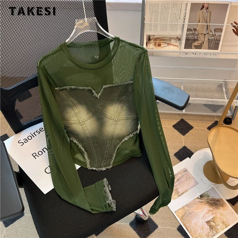 

2023 Winter Casual Fashion Patchwork Long Sleeve Round Neck T-Shirts Women's Clubwear Style Sheath Denim Green Tees Tops