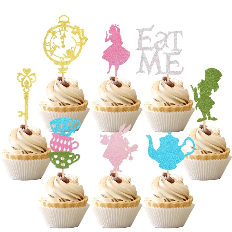 Cake Topper Eat Me Clock Key Kids Happy Birthday Wedding Bride Party Cupcake Toppers Baby Shower Baking Cake Dessert DIY Decor