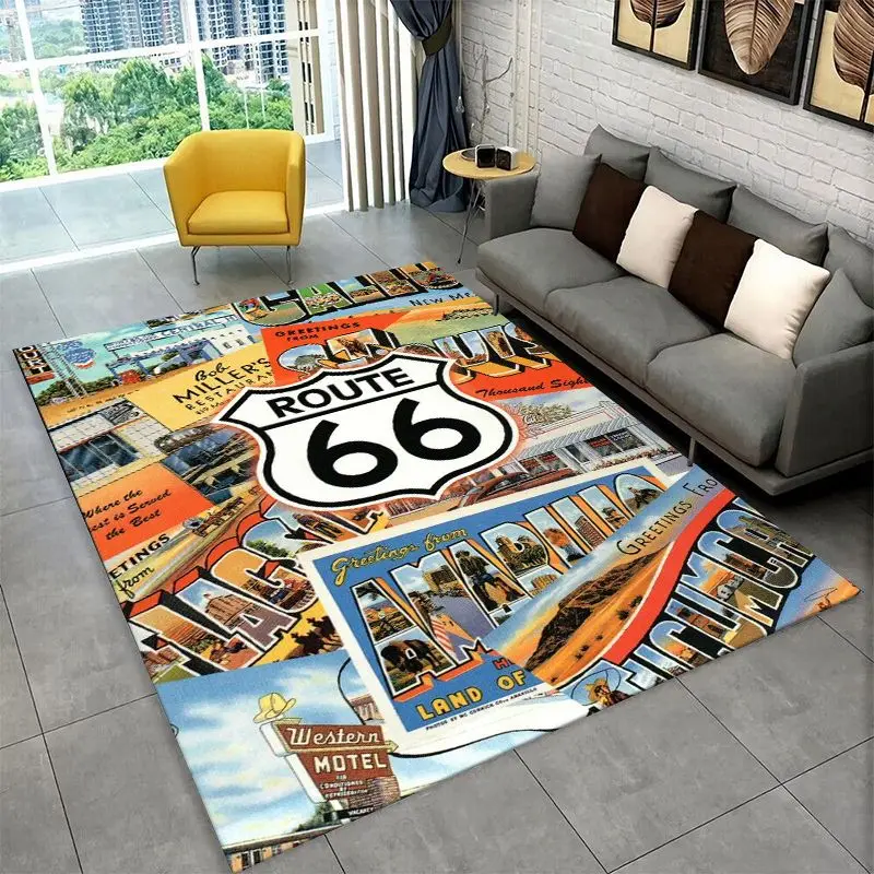 Route 66 Retro America Historic Mother Road Large Area Rug Non-slip Carpet for Bedroom Living Room Sofa Home Decor Floor Mat