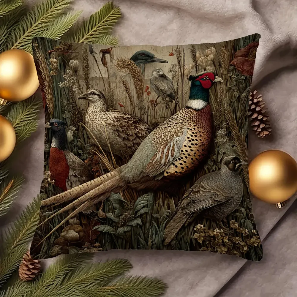 2D flat- Vintage Rustic Wild Pheasant Forest Botanical Throw Pillow Cover Farmhouse Countryside Wildlife Cushion Case
