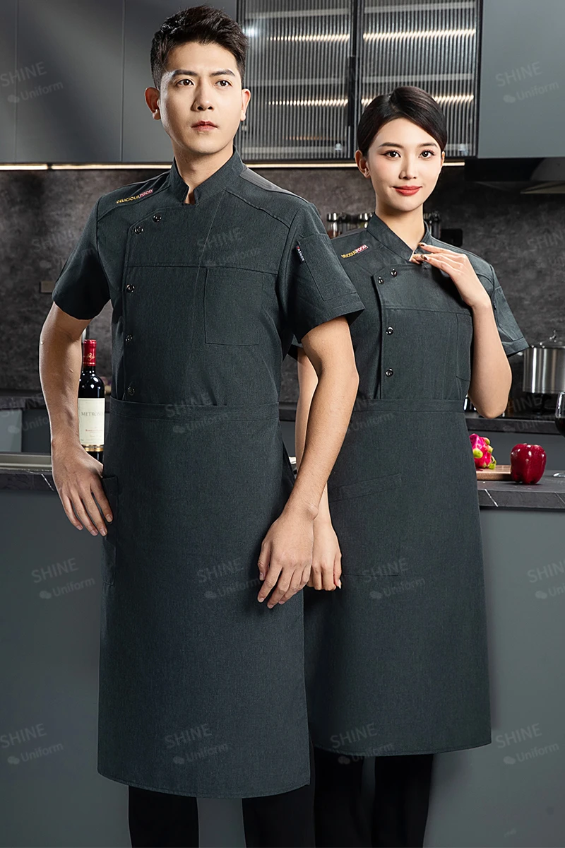 Uniforme de Chef de manga corta para hombre, chaqueta de cocina, delantal blanco, ropa de trabajo, logo, pantalones cortos de Chef, abrigo de Chef de restaurante transpirable de verano