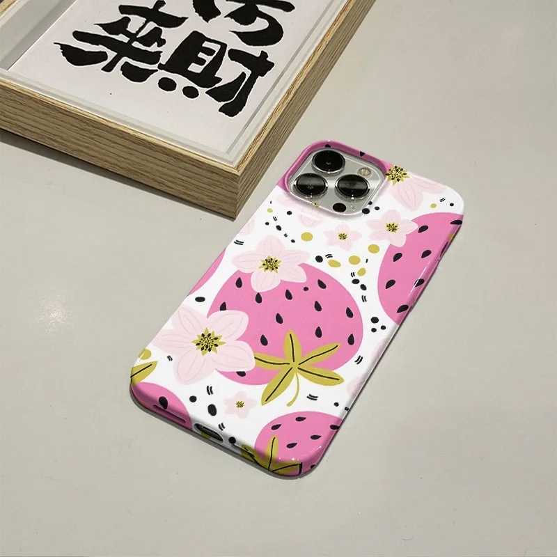 한국어 Ins 핑크 딸기 만화 케이스 IPhone 16 15 14 13 Pro Max 12 Mini 11 Pro 충격 방지 보호 하드 아크릴 커버
