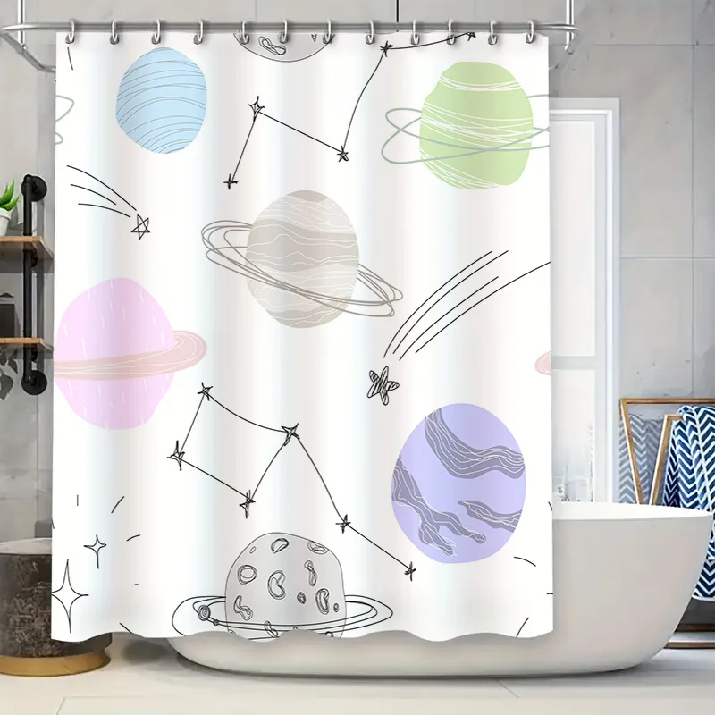 Space-themed shower curtain featuring planets and celestial bodies with soft pastel colors perfect for adding a cosmic touch to