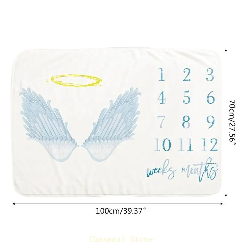 E7CE Baby Month Milestone Blanket Monthly Record Growth Blanket Newborn Soft Flannel Angel Wing Printed