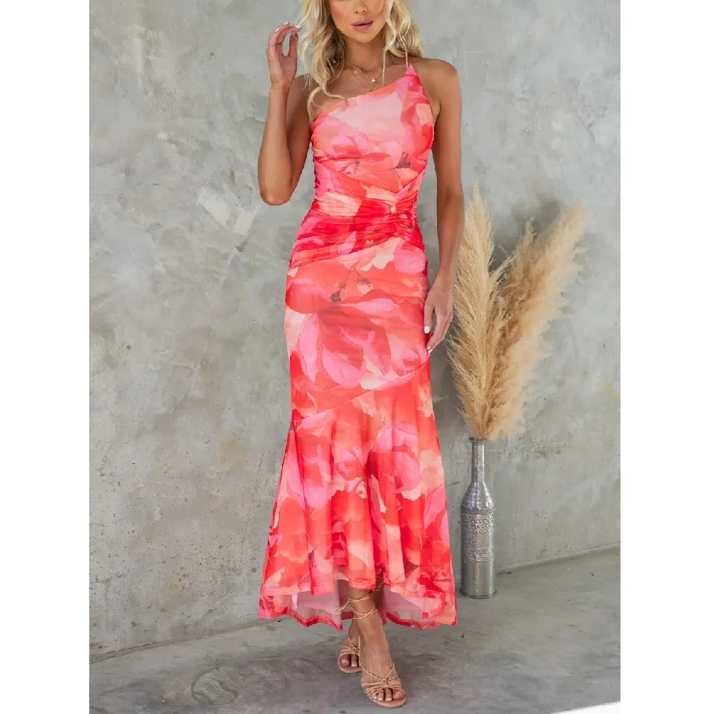 Vestidos largos de verano con cuello oblicuo para mujer, vestido largo de fiesta ajustado plisado con dobladillo con volantes y estampado Floral a la moda para mujer