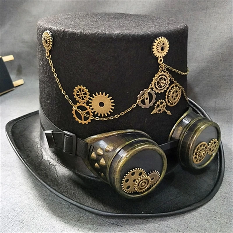 Top Hat Steampunk Goggles Gothic Victorian Hat Halloween Women Small Brim Fedora Hat Magician Cap Stage Performances DXAA