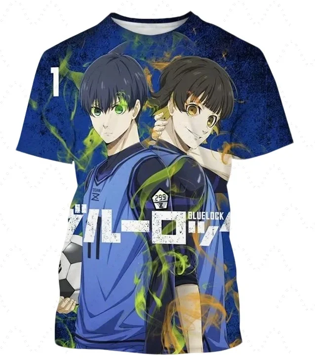 أنيمي الأزرق قفل ثلاثية الأبعاد مطبوعة الرجال النساء الأطفال تي شيرت موضة Harajuku نمط Y2k كرة القدم تي شيرت المتضخم قصيرة الأكمام بلايز
