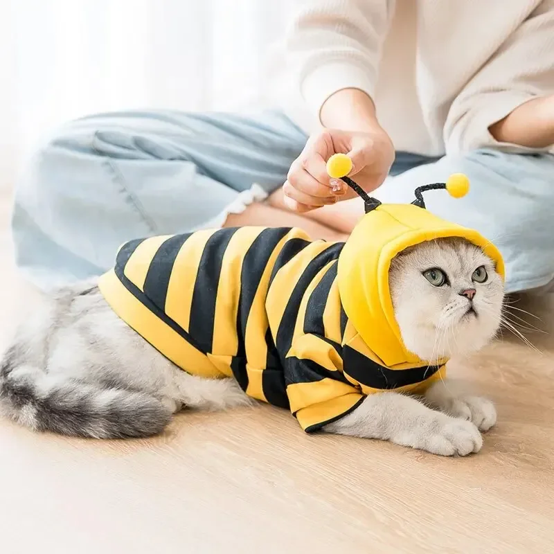 Cute Striped Dog Clothes For Autumn And Winter Schnauzer Teddy Small Puppy Cat Pet Hoodie Bee Transformation Suit