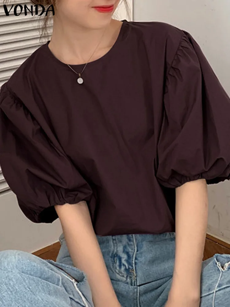 VONDA Women Fashion Blouse 2024 Casual Loose Solid Color Shirts Elegant Office Shirts Summer Puff Sleeve Blusas Oversized