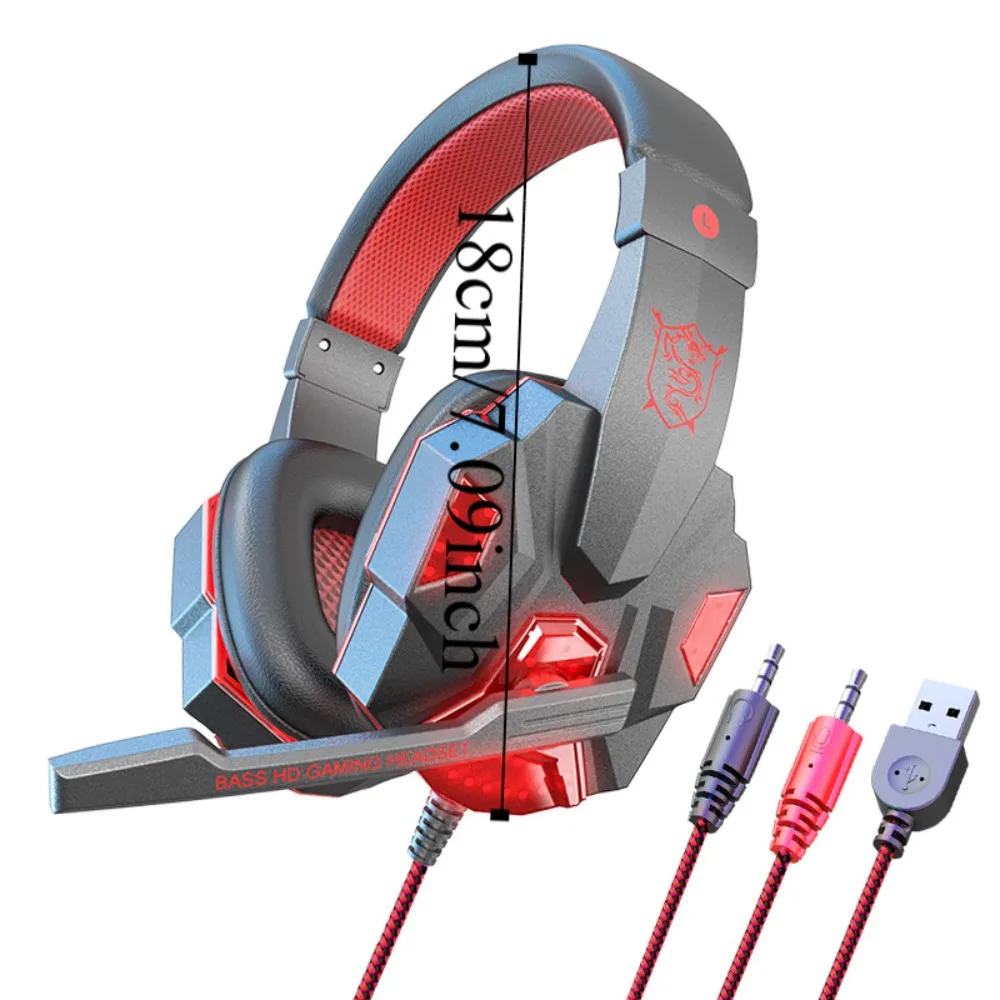 Headphone Berkabel Komputer Bercahaya dengan Mikrofon Earphone Gaming Berkabel Dapat Disesuaikan Subwoofer Penutup Telinga Besar