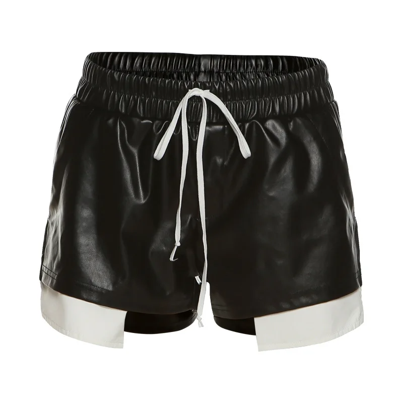 2024 Summer Women's New Fashion Contrast Color Imitation Leather Lace up High Waist Wrap Hip Tight Casual Shorts for Women