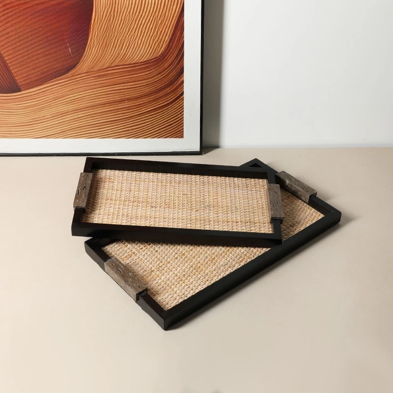 Rustic Stone Inlay Rattan Woven Tray for Coffee Table Home Decor Boho Style Centerpiece Display Organizer Natural Handmade