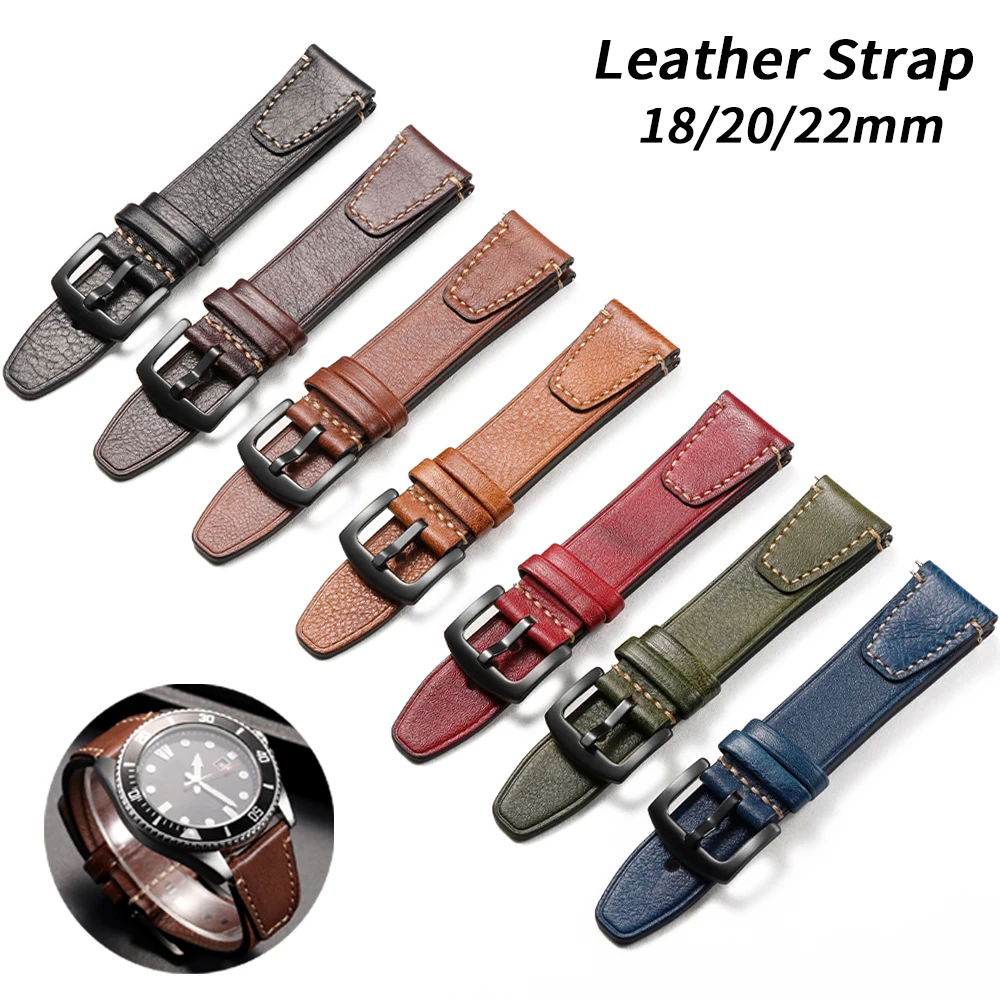 Bracelet de montre rétro en cuir de vache, 20mm, 22mm, 18mm, à dégagement rapide, universel, de remplacement, pour Seiko, Rolex