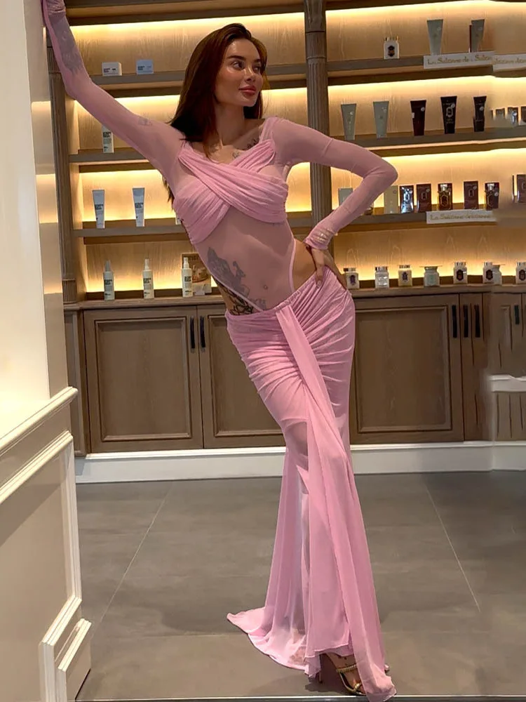 

Women's Criss-Cross Sheer Gauze Maxi Skirt Set Cut Out Sexy Tight See-through Mesh Bodysuit Top 2 Piece Outfit Partywear