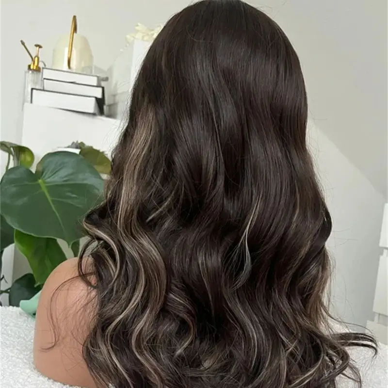 أومبير بني داكن مع خطوط شقراء الاصطناعية HD الدانتيل شعر مستعار أمامي شعر مستعار واقعي عالية 20 بوصة متوسطة طويلة شعر مستعار الجسم موجة