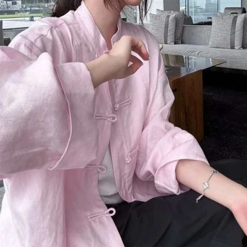 Pink Linen Autumn Jacket Women's Early Autumn High-end Spring and Autumn Clothing Chinese Style Button Top Women
