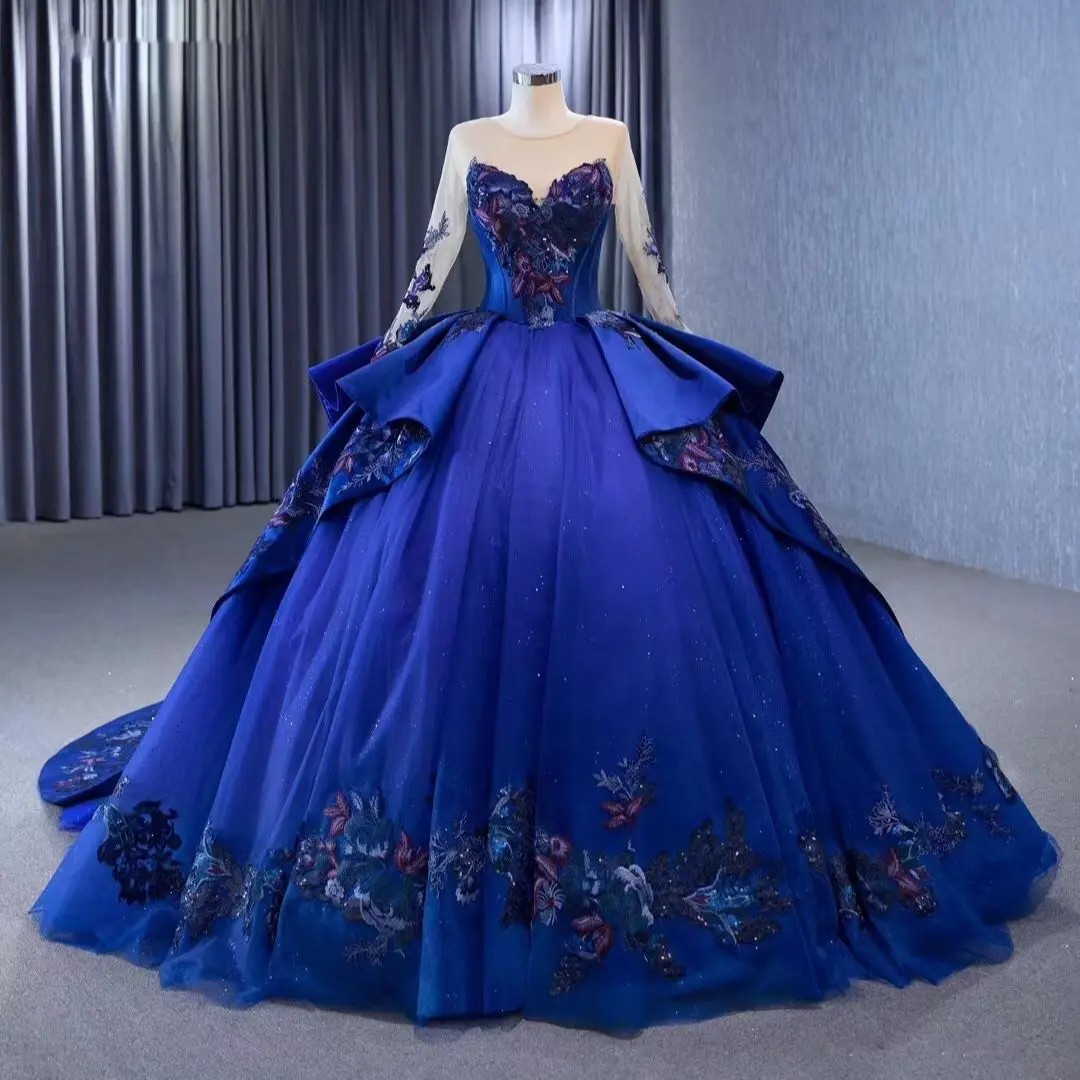 Gaun Quinceanera Biru Royal Gaun Pesta Lengan Panjang Applique Tulle Meksiko Manis 16 Gaun 15 Anos