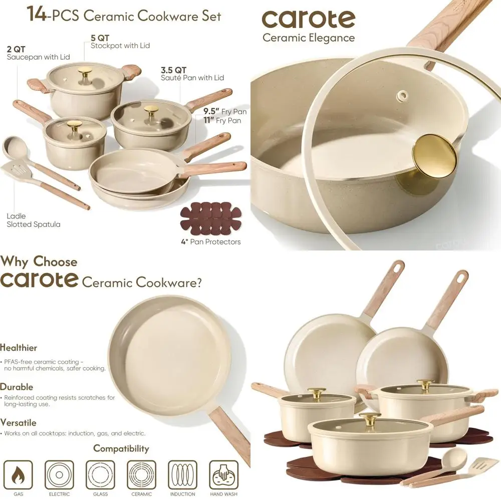 

Набор керамической посуды с антипригарным покрытием, кастрюли и сковородки из 14 предметов, безопасная и экологически чистая кухонная утварь, без PFAS/PFOA