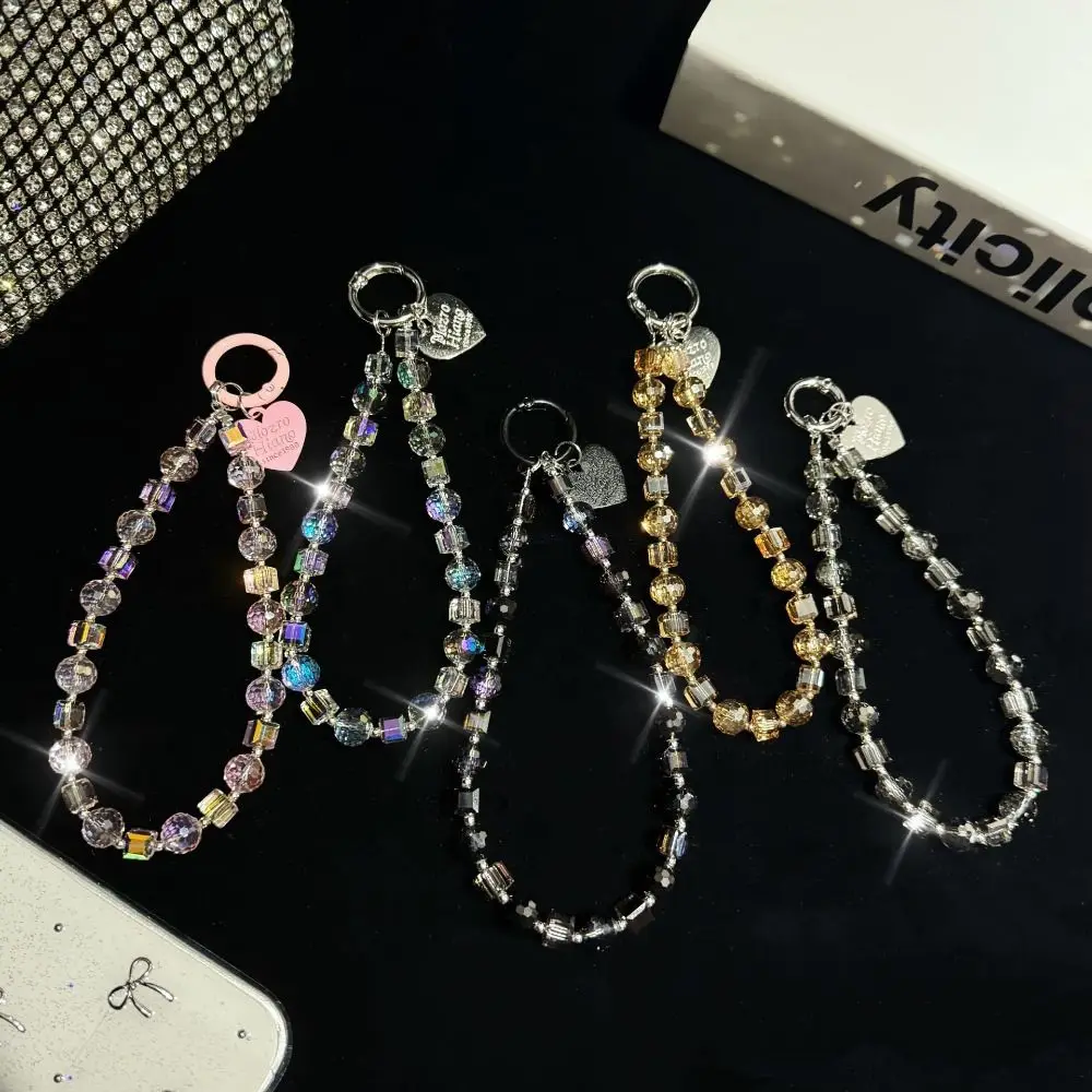 

With Clip Crystal Beads Phone Chain Anti-lost Short Mobile Phone Lanyard Heart Bag Charms Love Phone Pendant Female Lady Girl
