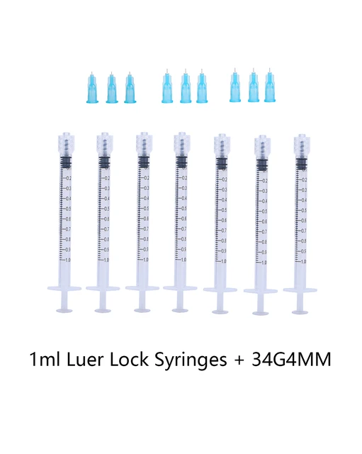 1ml strzykawki Luer Lock + 34G4mm 32G 30G29G 26G25G23G21G igły wtryskowe narzędzie wtryskowe ostre igły igła jednorazowa