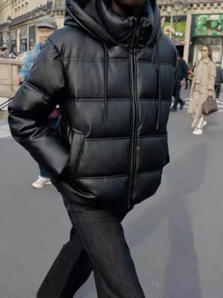 سترة جلدية قصيرة بغطاء للرأس للنساء موضة الصلبة الوقوف طوق سستة جيب سترات دافئة سيدة شتاء جديد ملابس الشارع اليومية #6