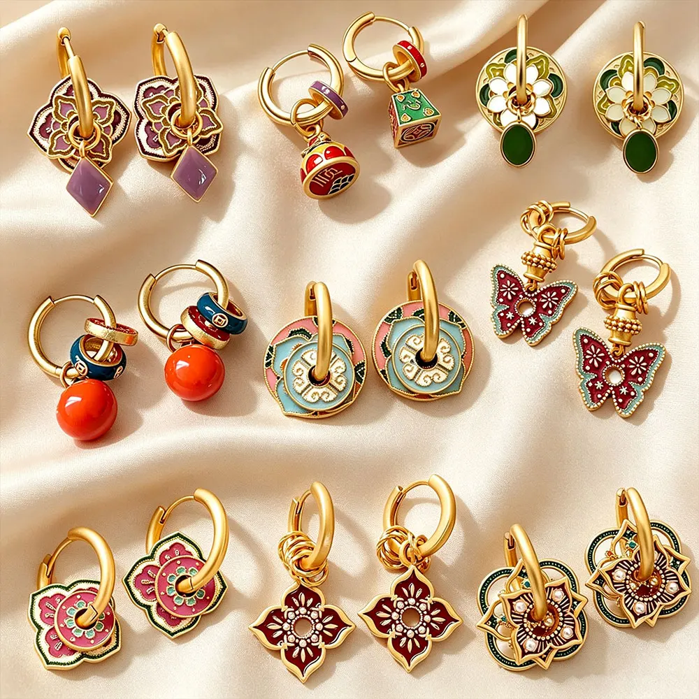Modern Boho Luxury Enamel Temperament Splicing Color Buckle Earrings for Women Vintage Exquisite High-end Jewelry Accessory Gift