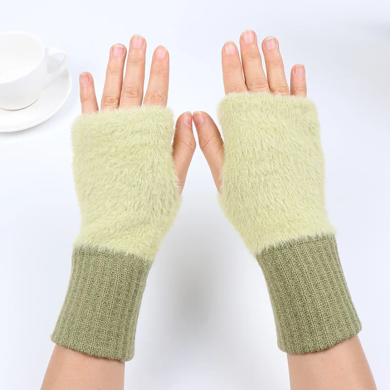 

Mink Fleece Soft Winter Half Finger Gloves Women Warm Luxury Solid White Plush Knitted Fingerless Gloves Wrist Mittens Writting