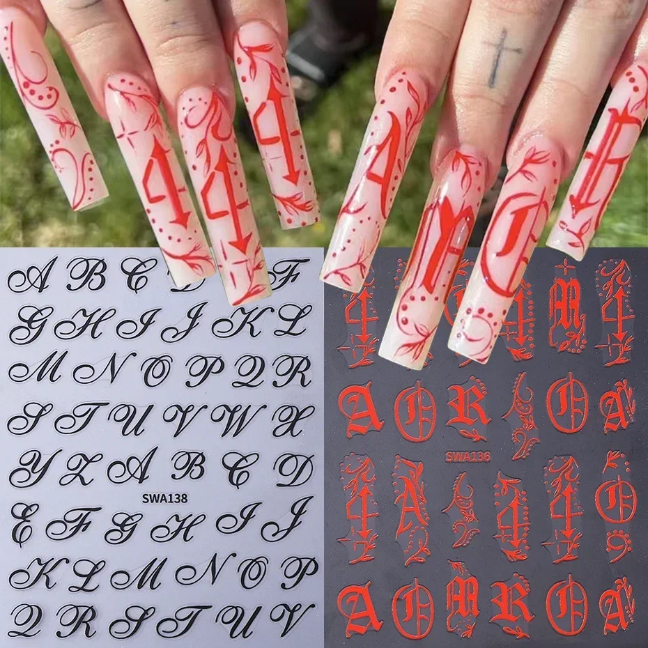 2/5 قطعة القوطية الرومانية رسالة مسمار ملصقات Y2K أسود أحمر الأبجدية تصميم ذاتية اللصق ملصق مائي الكلمات الإنجليزية DIY بها بنفسك مانيكير الديكور