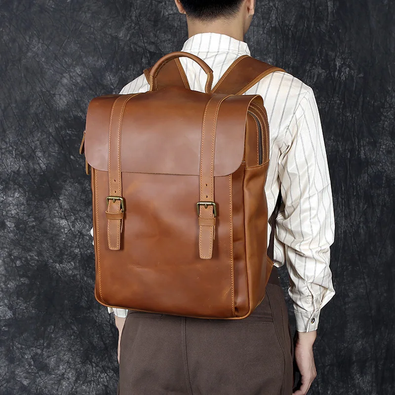 

Ретро-рюкзак из кожи Crazy Horse для мужчин, из натуральной воловьей кожи, большой вместимости, для путешествий, кожаный рюкзак для ноутбука