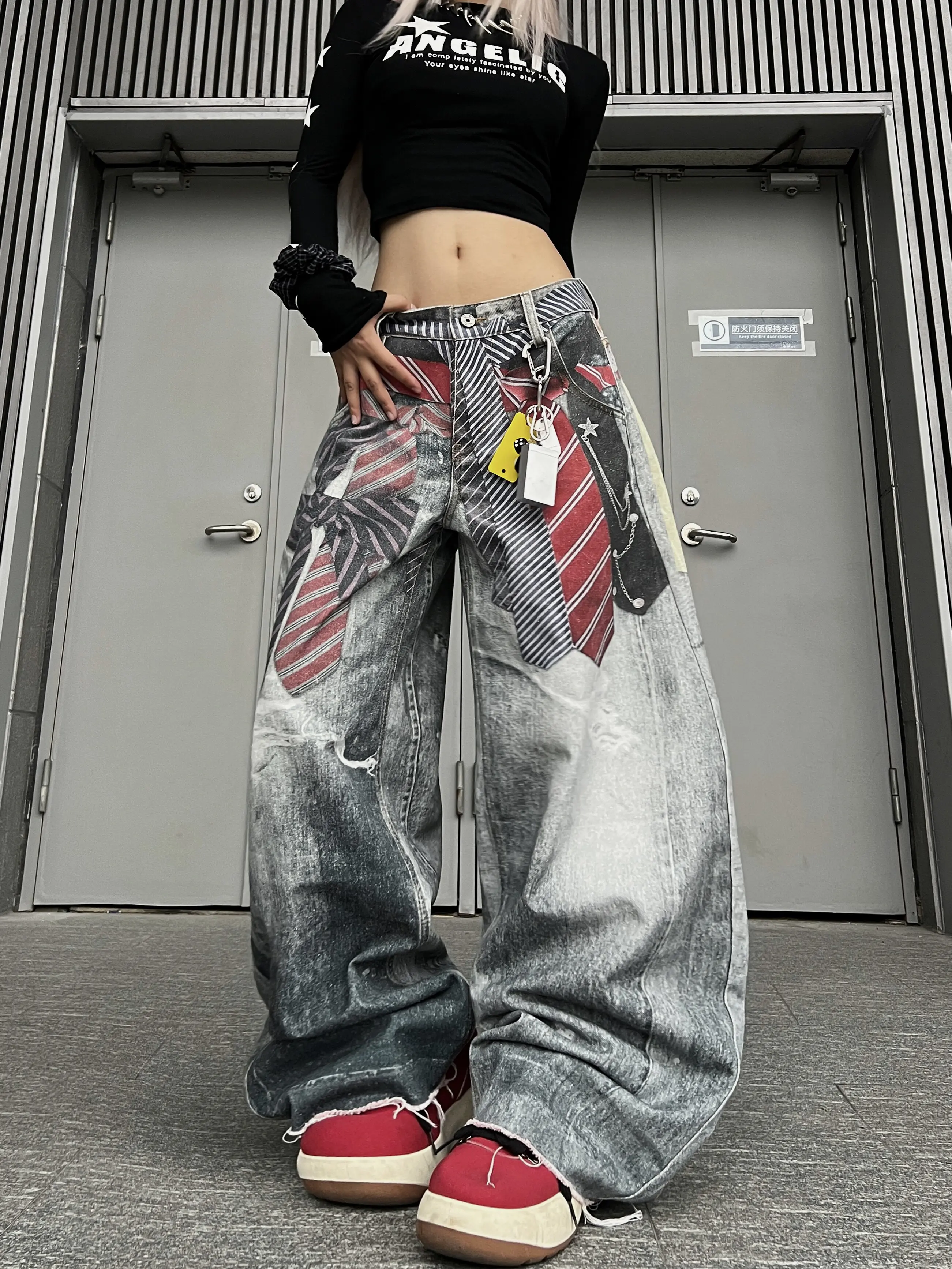 Retro American Street 3D Digital Print Belted Knife  Jeans Loose Wide Leg Long Trousers Trendy Unisex Denim Pants
