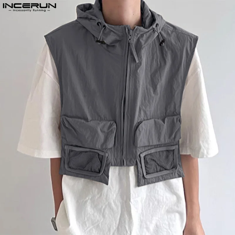 Men Vests Patchwork Hooded Sleeveless Zipper Pockets Streetwear Male Waistcoats 2024 Fashion Casual Crop Vests Men S-5XL INCERUN