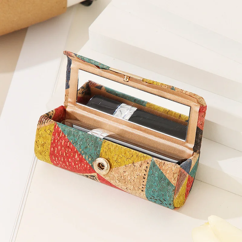 Cork Lipstick Case With Mirror Portable Travel Retro Pattern Chinese Style Mini Lipstick Storage Box Jewelry Box Cosmetic Case