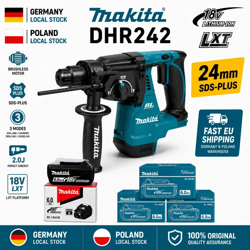 Original Makita DHR242 18V Bürstenloser Bohrhammer mit Makita 6,0Ah Akku, 24mm SDS-Plus, 3 Modi, 2,0J Schlagkraft, Professionelles Beton-Elektrowerkzeug, EU-Lager – Detail 7